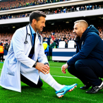 Sports Team Doctor**

"A professional sports medicine doctor, fully clothed in a medical coat, examining a soccer player's knee on the sidelines during a game. Background shows a stadium with cheering fans. Appropriate attire, safe for work, professional setting, perfect anatomy, correct proportions, family-friendly."

**