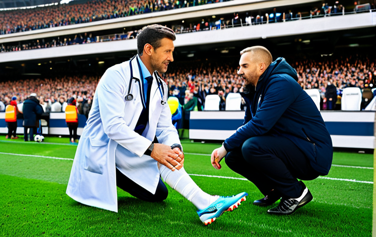 Sports Team Doctor**

"A professional sports medicine doctor, fully clothed in a medical coat, examining a soccer player's knee on the sidelines during a game. Background shows a stadium with cheering fans. Appropriate attire, safe for work, professional setting, perfect anatomy, correct proportions, family-friendly."

**